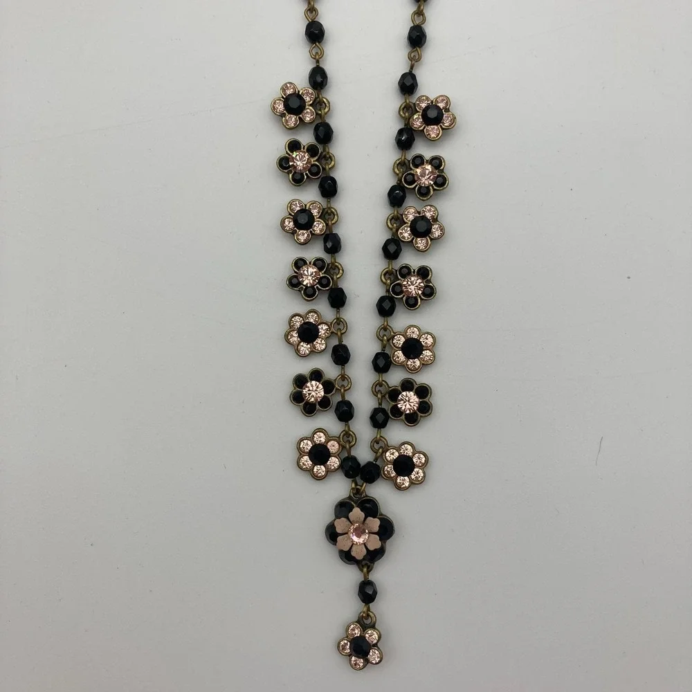 Vtg Michal Negrin Black Pink Beaded Floral Daisy Chain Choker Crystal Accents - Picture 1 of 9